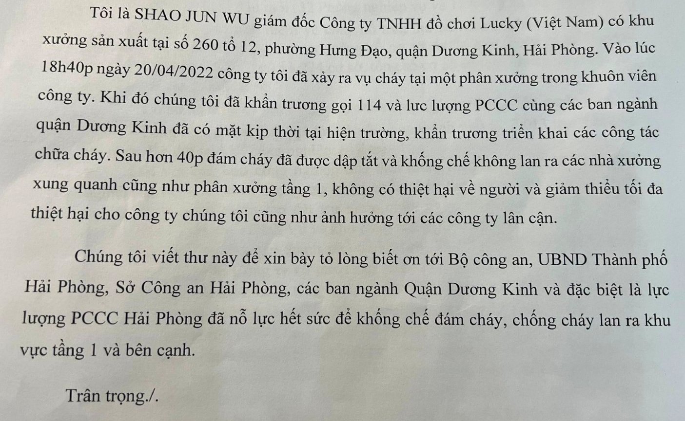 Công ty TNHH đồ chơi Lucky (Việt Nam) gửi thư cảm ơn